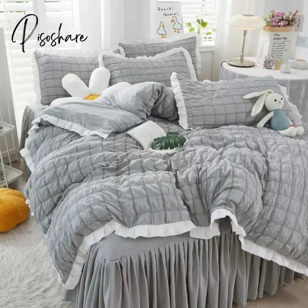 Pisoshare Kawaii Solid Color Seersucker Bedding Set For Woman Korean Princess Style Ruffle Duvet