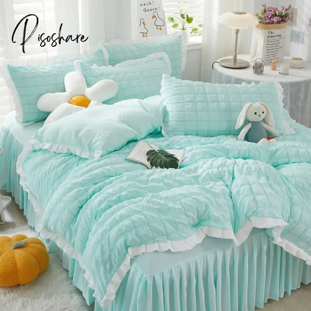 Pisoshare Kawaii Solid Color Seersucker Bedding Set For Woman Korean Princess Style Ruffle Duvet