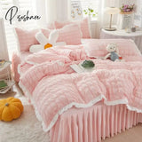 Pisoshare Kawaii Solid Color Seersucker Bedding Set For Woman Korean Princess Style Ruffle Duvet