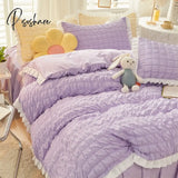 Pisoshare Kawaii Solid Color Seersucker Bedding Set For Woman Korean Princess Style Ruffle Duvet