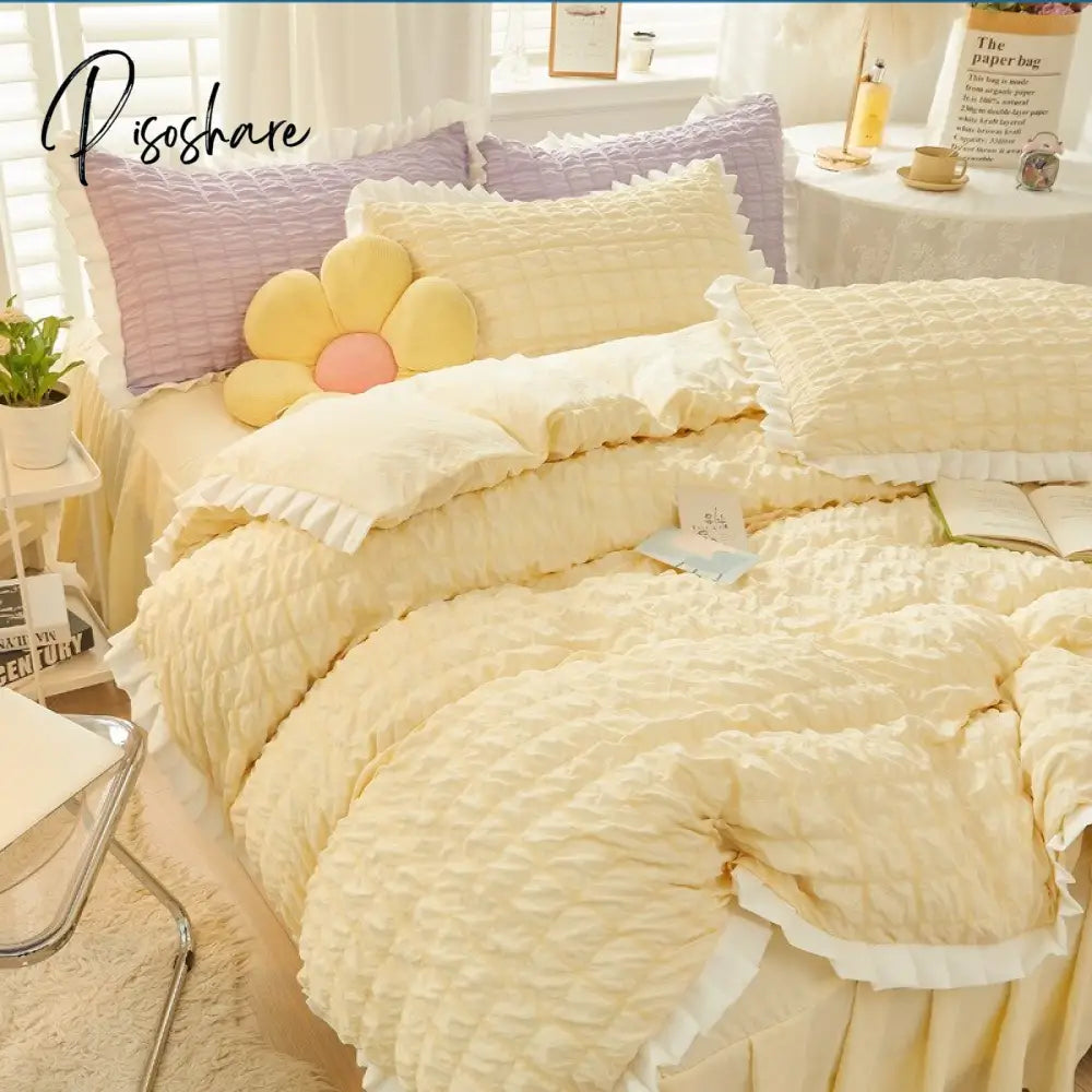 Pisoshare Kawaii Solid Color Seersucker Bedding Set For Woman Korean Princess Style Ruffle Duvet