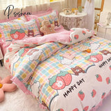 Pisoshare Kawaii Strawberry Bedding Set Girls Princess Cotton Ruffle Fitted Bed Sheet Full Queen