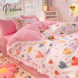 Pisoshare Kawaii Strawberry Bedding Set Girls Princess Cotton Ruffle Fitted Bed Sheet Full Queen