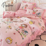 Pisoshare Kawaii Strawberry Bedding Set Girls Princess Cotton Ruffle Fitted Bed Sheet Full Queen