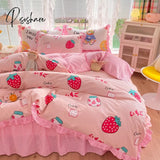 Pisoshare Kawaii Strawberry Bedding Set Girls Princess Cotton Ruffle Fitted Bed Sheet Full Queen