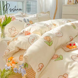 Pisoshare Kawaii Washed Cotton Bedding Set For Kids Girls Cute Print Duvet Cover Single Full Queen