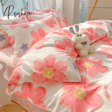 Pisoshare Kawaii Washed Cotton Bedding Set For Kids Girls Cute Print Duvet Cover Single Full Queen