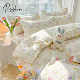 Pisoshare Kawaii Washed Cotton Bedding Set For Kids Girls Cute Print Duvet Cover Single Full Queen