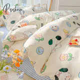 Pisoshare Kawaii Washed Cotton Bedding Set For Kids Girls Cute Print Duvet Cover Single Full Queen