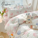 Pisoshare Kawaii Washed Cotton Bedding Set For Kids Girls Cute Print Duvet Cover Single Full Queen