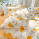 Pisoshare Kawaii Washed Cotton Bedding Set For Kids Girls Cute Print Duvet Cover Single Full Queen