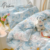 Pisoshare Kawaii Washed Cotton Bedding Set For Kids Girls Cute Print Duvet Cover Single Full Queen