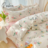 Pisoshare Kawaii Washed Cotton Bedding Set For Kids Girls Cute Print Duvet Cover Single Full Queen