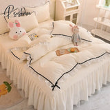 Pisoshare Korean Girl Heart Solid Color Bedding Set Cute Princess Style Cotton Bed Skirt Full Queen