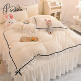 Pisoshare Korean Girl Heart Solid Color Bedding Set Cute Princess Style Cotton Bed Skirt Full Queen