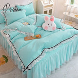 Pisoshare Korean Girl Heart Solid Color Bedding Set Cute Princess Style Cotton Bed Skirt Full Queen
