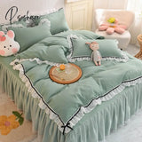 Pisoshare Korean Girl Heart Solid Color Bedding Set Cute Princess Style Cotton Bed Skirt Full Queen