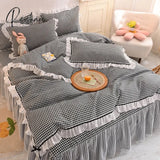 Pisoshare Korean Girl Heart Solid Color Bedding Set Cute Princess Style Cotton Bed Skirt Full Queen