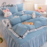 Pisoshare Korean Girl Heart Solid Color Bedding Set Cute Princess Style Cotton Bed Skirt Full Queen
