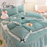 Pisoshare Korean Girl Heart Solid Color Bedding Set Cute Princess Style Cotton Bed Skirt Full Queen