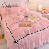 Pisoshare Korean Girl Heart Solid Color Bedding Set Cute Princess Style Cotton Bed Skirt Full Queen