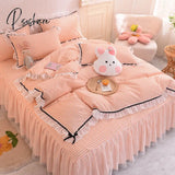Pisoshare Korean Girl Heart Solid Color Bedding Set Cute Princess Style Cotton Bed Skirt Full Queen