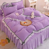 Pisoshare Korean Girl Heart Solid Color Bedding Set Cute Princess Style Cotton Bed Skirt Full Queen