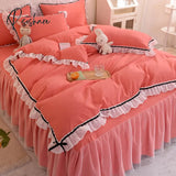 Pisoshare Korean Girl Heart Solid Color Bedding Set Cute Princess Style Cotton Bed Skirt Full Queen
