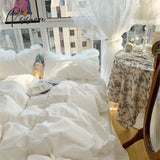 Pisoshare Korean Girl Princess Style Solid Color Bedding Fitted Set Cute Cotton Ruffle Duvet Cover