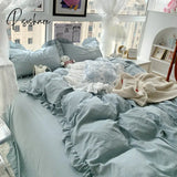 Pisoshare Korean Girl Princess Style Solid Color Bedding Fitted Set Cute Cotton Ruffle Duvet Cover