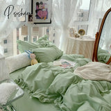 Pisoshare Korean Girl Princess Style Solid Color Bedding Fitted Set Cute Cotton Ruffle Duvet Cover