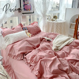 Pisoshare Korean Girl Princess Style Solid Color Bedding Fitted Set Cute Cotton Ruffle Duvet Cover