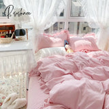 Pisoshare Korean Girl Princess Style Solid Color Bedding Fitted Set Cute Cotton Ruffle Duvet Cover