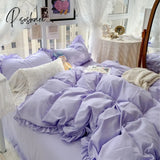 Pisoshare Korean Girl Princess Style Solid Color Bedding Fitted Set Cute Cotton Ruffle Duvet Cover