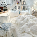 Pisoshare Korean Girl Princess Style Solid Color Bedding Fitted Set Cute Cotton Ruffle Duvet Cover