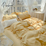 Pisoshare Korean Girl Princess Style Solid Color Bedding Fitted Set Cute Cotton Ruffle Duvet Cover