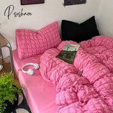 Pisoshare Korean Princess Pink Seersucker Bedding Kawaii Bed Skirt Duvet Cover Solid Color Queen