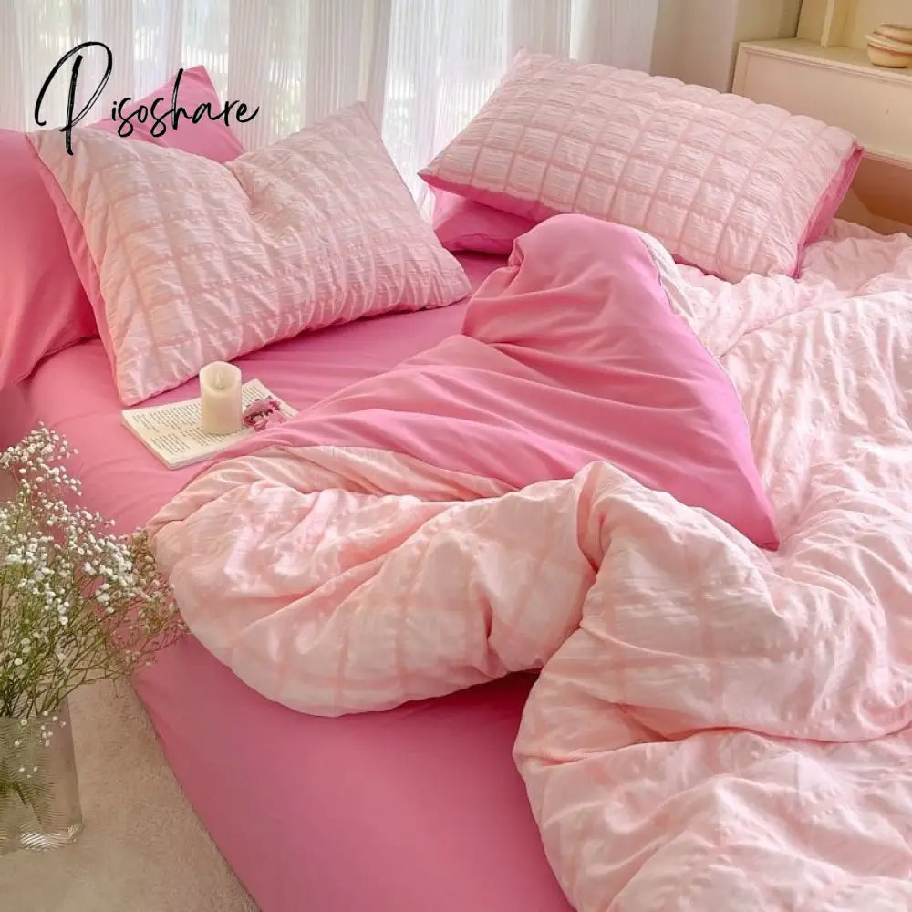 Pisoshare Korean Princess Pink Seersucker Bedding Kawaii Bed Skirt Duvet Cover Solid Color Queen
