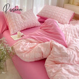 Pisoshare Korean Princess Pink Seersucker Bedding Kawaii Bed Skirt Duvet Cover Solid Color Queen