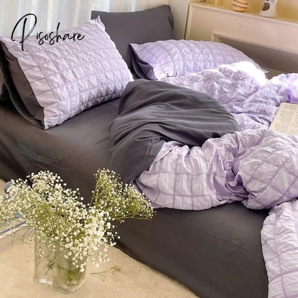 Pisoshare Korean Princess Pink Seersucker Bedding Kawaii Bed Skirt Duvet Cover Solid Color Queen