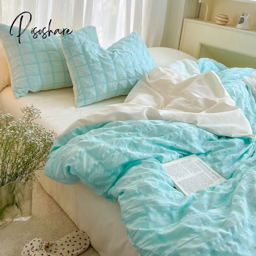 Pisoshare Korean Princess Pink Seersucker Bedding Kawaii Bed Skirt Duvet Cover Solid Color Queen