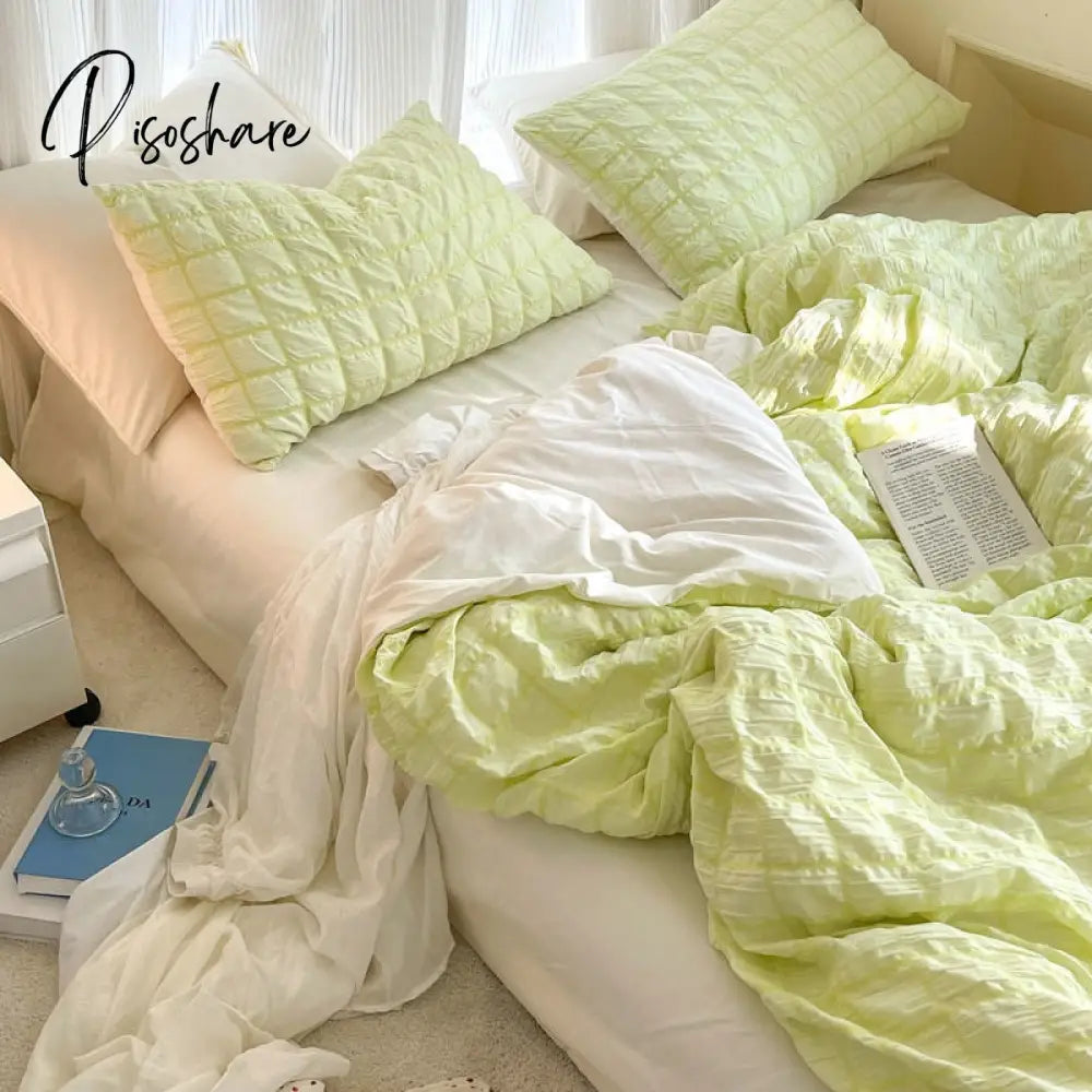 Pisoshare Korean Princess Pink Seersucker Bedding Kawaii Bed Skirt Duvet Cover Solid Color Queen