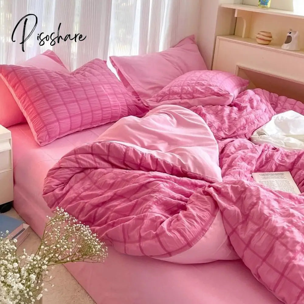 Pisoshare Korean Princess Pink Seersucker Bedding Kawaii Bed Skirt Duvet Cover Solid Color Queen