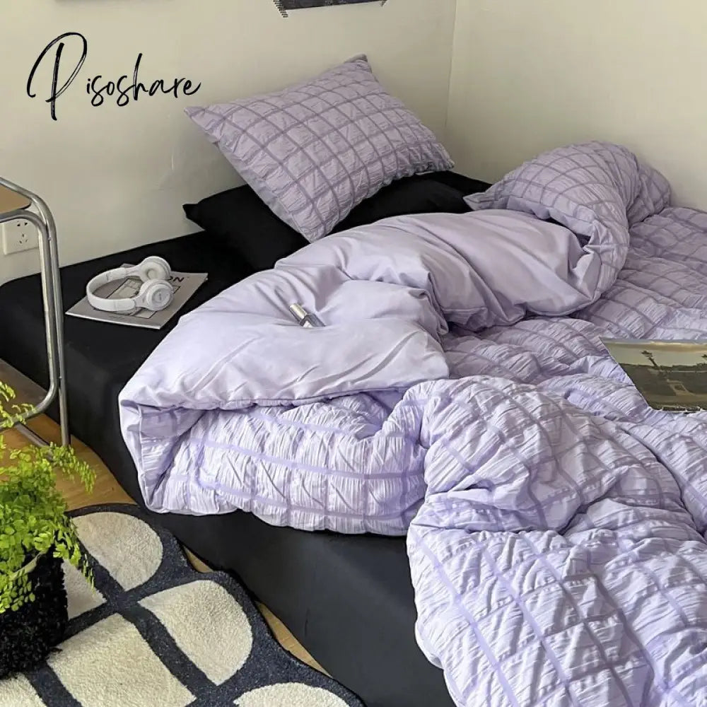 Pisoshare Korean Princess Pink Seersucker Bedding Kawaii Bed Skirt Duvet Cover Solid Color Queen