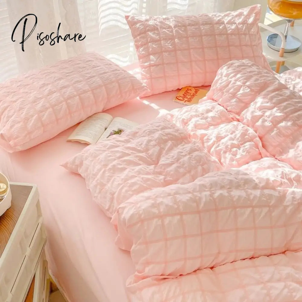 Pisoshare Korean Princess Pink Seersucker Bedding Kawaii Bed Skirt Duvet Cover Solid Color Queen