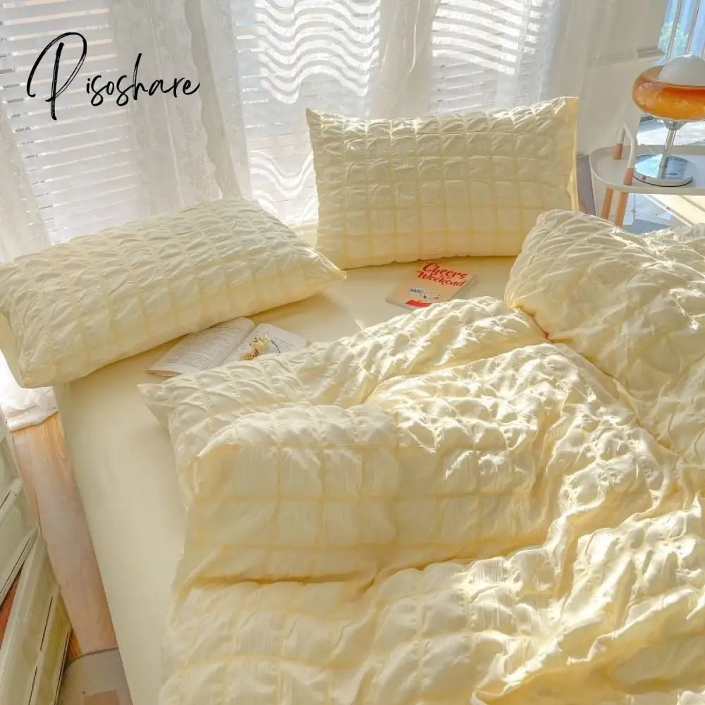 Pisoshare Korean Princess Pink Seersucker Bedding Kawaii Bed Skirt Duvet Cover Solid Color Queen