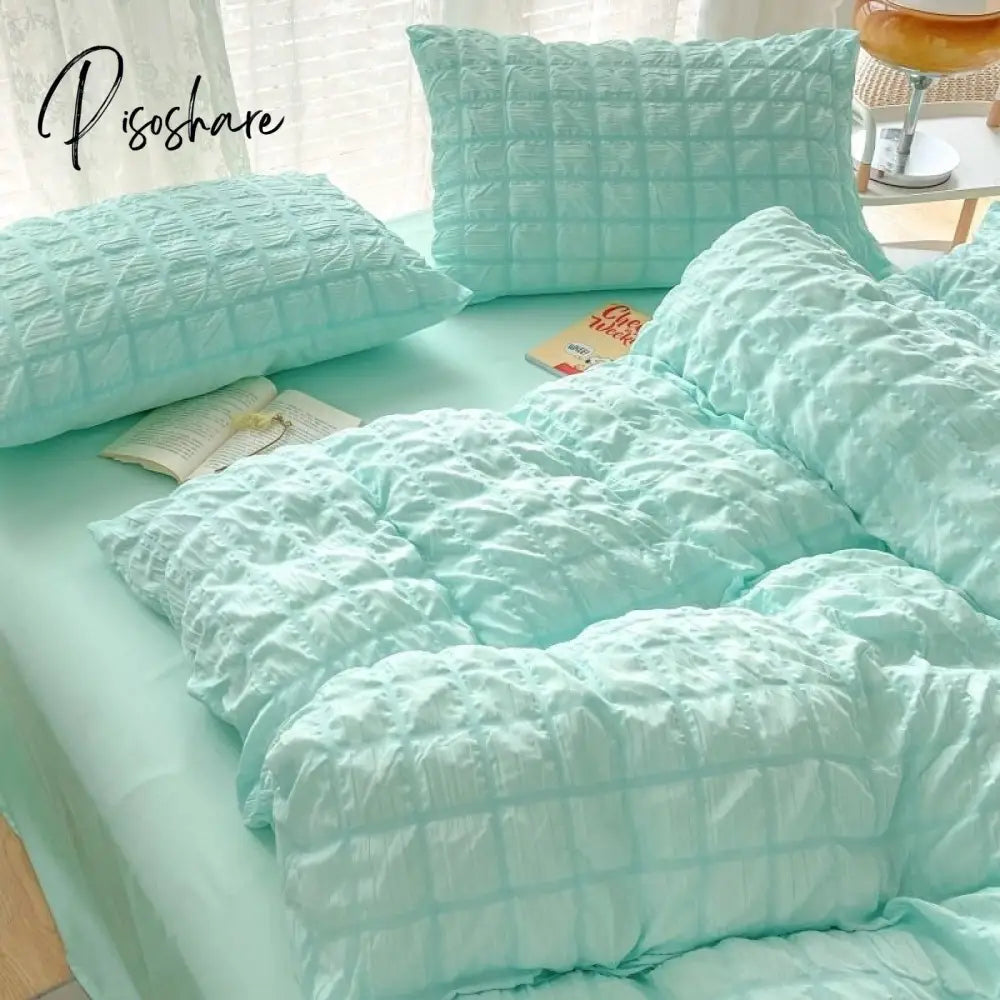 Pisoshare Korean Princess Pink Seersucker Bedding Kawaii Bed Skirt Duvet Cover Solid Color Queen