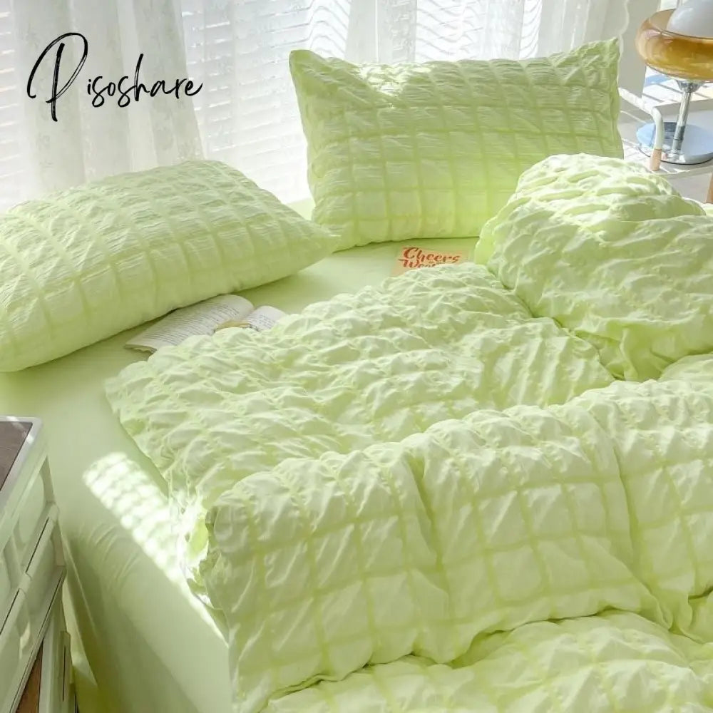 Pisoshare Korean Princess Pink Seersucker Bedding Kawaii Bed Skirt Duvet Cover Solid Color Queen
