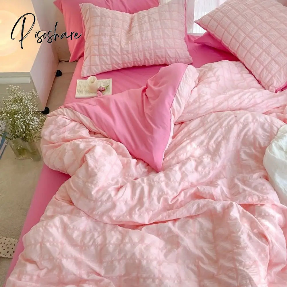 Pisoshare Korean Princess Pink Seersucker Bedding Kawaii Bed Skirt Duvet Cover Solid Color Queen