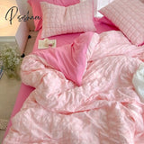 Pisoshare Korean Princess Pink Seersucker Bedding Kawaii Bed Skirt Duvet Cover Solid Color Queen